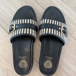Vince Camuto Black and Cream Buckle Slide Sandals